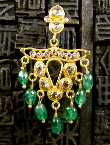Vintage Emerald and Diamond Earrings in 22K Yellow Gold