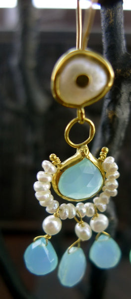 Nava Zahavi 24K Pearl and Peruvian Chalcedony Chandelier Earrings