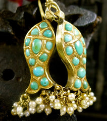 Amrapali 22K Yellow Gold, Turquoise, and Pearl Fish (Pisces) Earrings