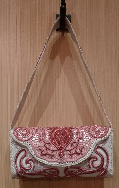 Buba of London Shoulder Bag In White and Pink Sequined Embroidery