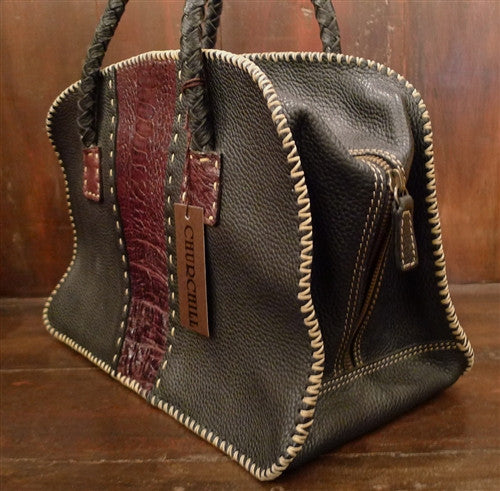 Divine Tribe Black Leather with Ostrich Inserts and Whipstitched Edges