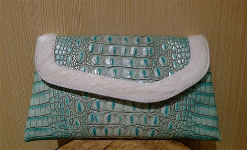 Malini Murjani Turquoise Croc Embossed Handbag with Jeweled Strap