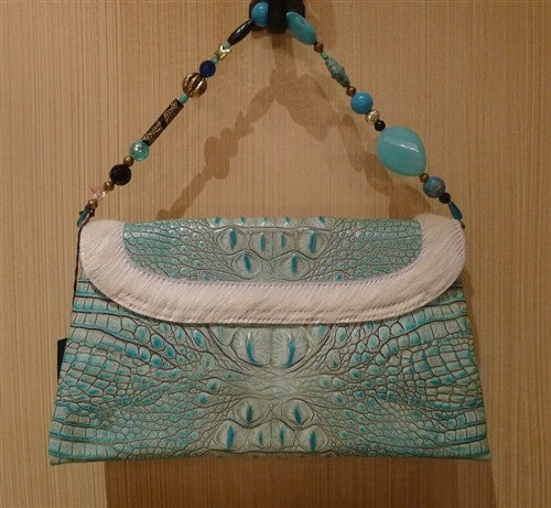 Malini Murjani Turquoise Croc Embossed Handbag with Jeweled Strap