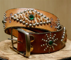 B-Low The Belt Leopard Inset Studded Tan Belt With Multi Colored Crystals