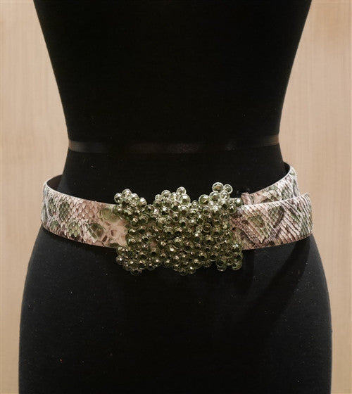 Orciani Giraffa Verde Snakeskin Embossed Belt in Taupes and Greens with Metallic Green Studded Buckle