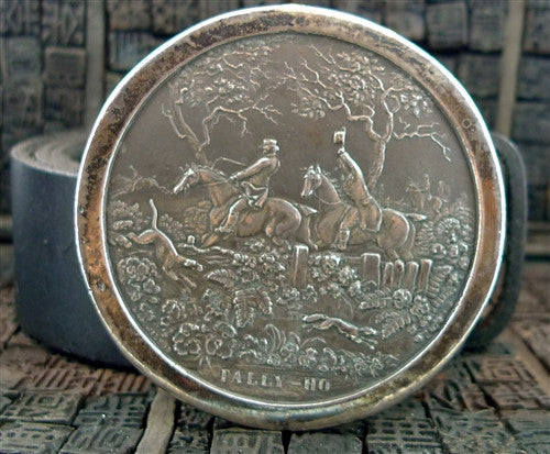 Pyrrha Sterling Silver Medallion Belt Buckle Depicting Fox Hunt  "Tally Ho"