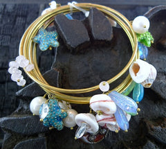 Mercedes Salazar Multi Bangles Bracelet with Shells, and Blue Crystals