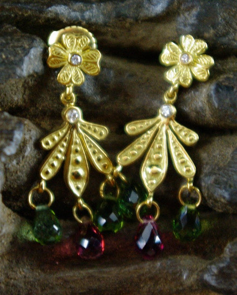 Jamie Wolf Pink and Green Tourmaline Briolette and Diamond Earrings in 18K Yellow Gold