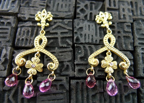 Jamie Wolf Clover Flower Swirl Pink Tourmaline and Diamond Earrings in 18K Yellow Gold