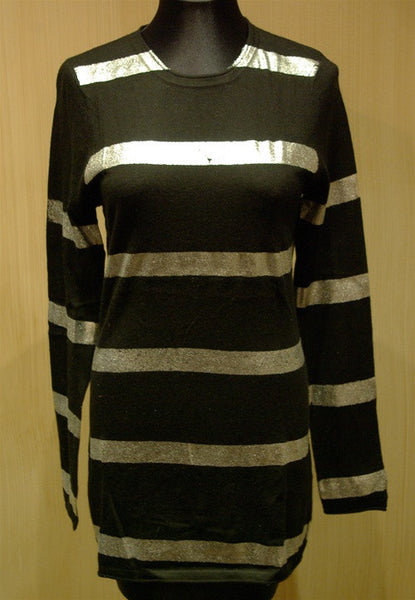 Cake Couture Cashmere CrewNeck Sweater with Silver Metallic Silkscreen Stripes Sweater