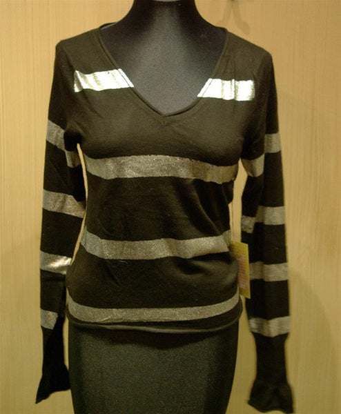 Cake Couture Cashmere V Neck Sweater with Silver Metallic Silkscreen Stripes Sweater