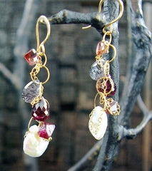 Melissa Joy Manning Pearl, Garnet and Iolite Earrings in 14K Yellow Gold