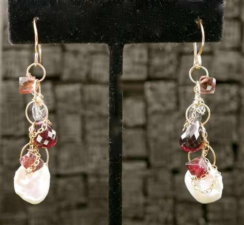 Melissa Joy Manning Pearl, Garnet and Iolite Earrings in 14K Yellow Gold