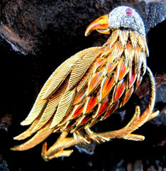 Estate Enameled Parrot Brooch/Pin with Diamonds and Ruby Eye