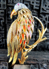 Estate Enameled Parrot Brooch/Pin with Diamonds and Ruby Eye