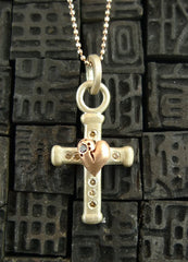 Julez Bryant Sterling Silver and Rose Gold Medium Diamond Cross with Heart