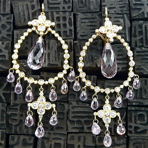 Erica Courtney 18K Yellow Gold, Diamond and Morganite Chandelier Earrings w/ Charms