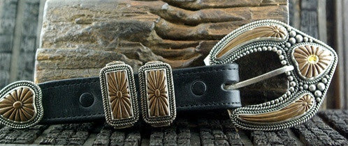 Artifactual Carved Petrified Walrus Tusk Inlaid with Citrine and Sterling Silver Ranger Set Belt Buckle