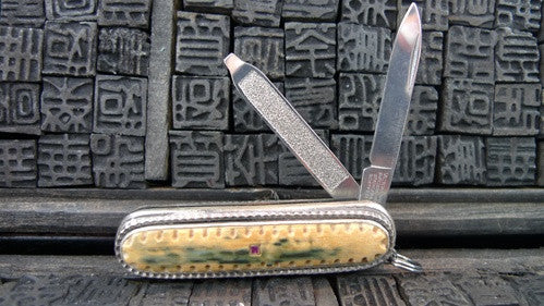 Artifactual Switchblade Pocket Knife with Ancient Mammoth Tusk and Sapphire