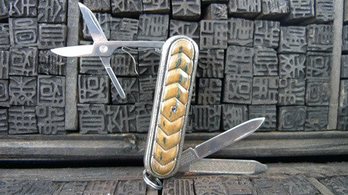 Artifactual Switchblade Pocket Knife with Ancient Mammoth Tusk and Sapphire