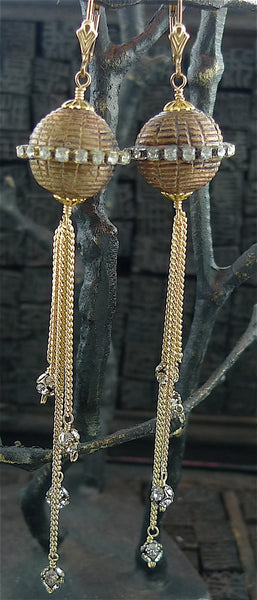 Candace Marks Vintage African Bead Earrings Studded with Swarovski Crystals and Chain Fringe