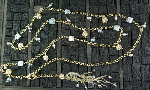 Candice Marks Crystal and Pearl Charm Gold Filled Link Chain Necklace or Belt with Tassle