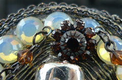 Ivy Belt with Silver Dagger, Gold, Moonstone, and Cognac Swarovski Crystals on Black Studded Belt
