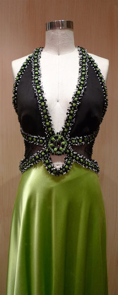 Jenny Packham Beaded Lime Satin Dress with Jeweled Neckline and Straps