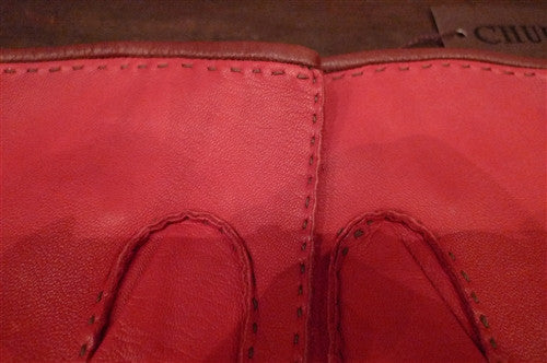 Shaneen Huxham Leather Driving Gloves in Red with Brown Trim