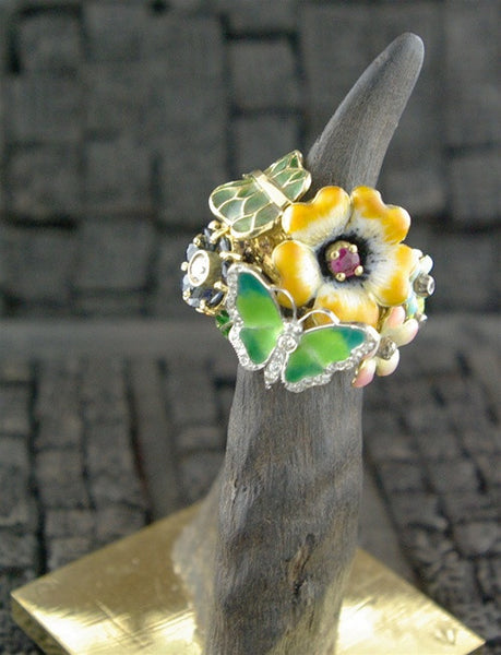 Umlaut 18k & Diamond Enamel Flower Ring with Butterflies