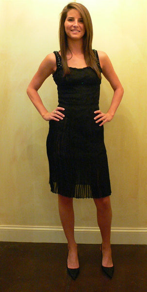 Flynow Black Pleated and Pintucked Cocktail Dress with Black Crystal Embellishment
