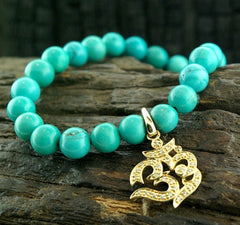 Sydney Evan Om Symbol Diamond Stretch Bracelet on Turquoise Beads in 14K Gold