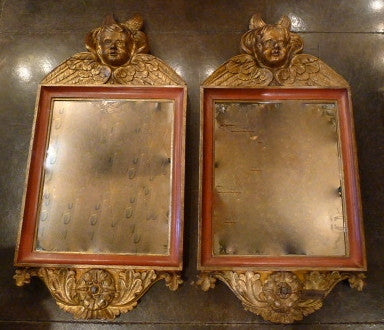 Pair of Italian Baroque Style Cherub Mirrors in Terra Cotta Tones and Parcel Gilt