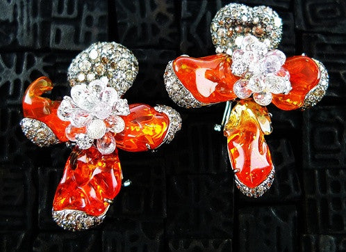 Arunashi Fire Opal, Cognac and White Diamond and White Topaz Orchid Earrings