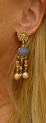 Yves Kamioner 18K Yellow Gold, Diamond, Sapphire, and Pearl Earrings