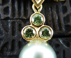 Paula Crevoshay RARE  Demantoid Garnet and  Pearl Fleur de Lis Earrings in 18K Yellow Gold