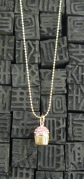 Sydney Evan 14K Yellow Gold and  Pink Sapphire Cupcake Necklace