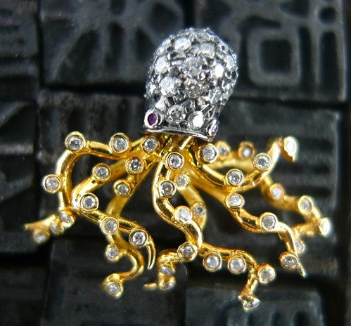 Umlaut 18k Yellow Gold with Blackened Diamond Octopus Stud Earrings