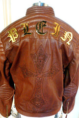 Philippe Plein Harley King Leather  Moto Jacket with Embossed Cross on Back