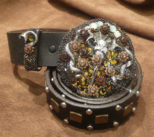 Ivy Belt with Serpent and the Sword Crystal Embellished Buckle on a Studded Strap