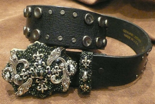 Ivy Embellished Belt Buckle with Crystals and Studded "Rock and Roll Crown" Belt