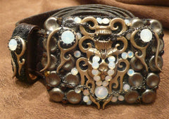 Ivy Belt with Moonstone Crystals Tattoo Design Buckle with Chains on Studded Belt