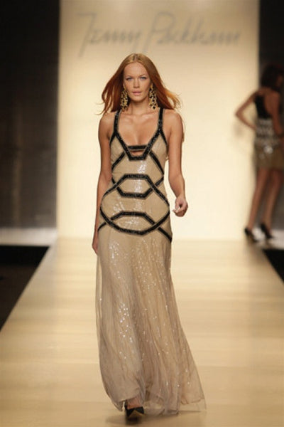 Jenny Packham Pearl Sequined Silk Gown with Black Sequin Criss-Cross Straps and Brass Beading