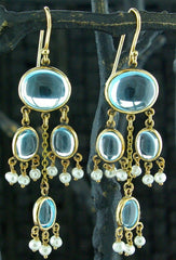 Kimarie Swiss Blue Topaz and Pearl Drop Earrings in 18K Yellow Gold