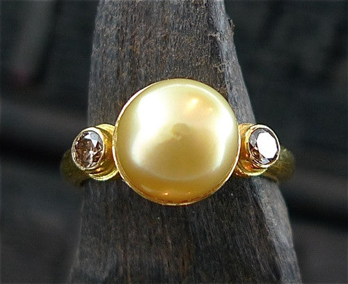 Kimarie Cognac Diamonds and Golden South Sea Pearl Ring in 22K Yellow Gold