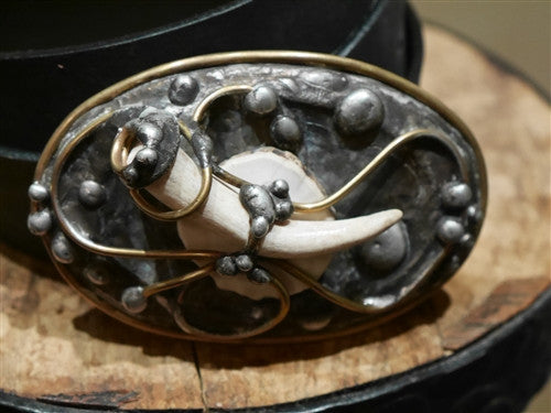 Mikal Winn Moose/Deer Antler Buckle on Black Belt