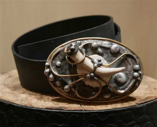 Mikal Winn Moose/Deer Antler Buckle on Black Belt