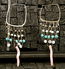 Melissa Joy Manning Square Turquoise Coral and Chryso Earrings