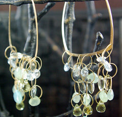 Melissa Joy Manning Square Hoop Earrings with Aquamarine, Chalcedony and Citrine in 14K Gold