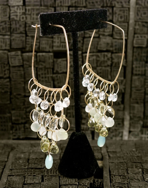 Melissa Joy Manning Square Hoop Earrings with Aquamarine, Chalcedony and Citrine in 14K Gold